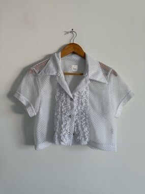 White Mesh Ruffle Button-Up Crop Top